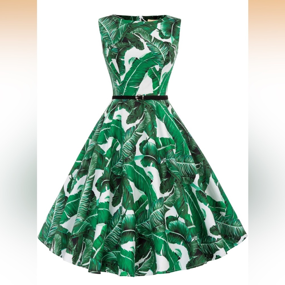 NEW Grace Karin Tropical Green Banana Leaf Dress - Retro,Timeless,Cocktail - M - Picture 6 of 6